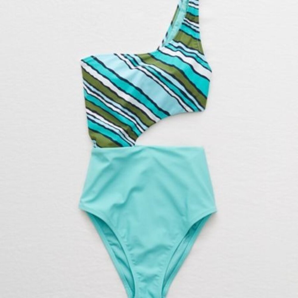 Aerie Women's Cutout One Shoulder One Piece Swimsuit, Blue Stripes, size S NWT